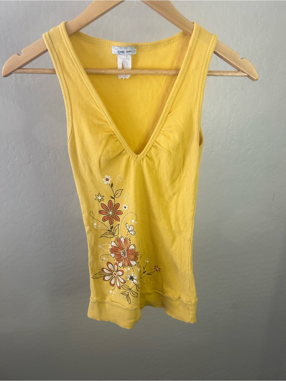 Tres Bien Yellow Floral V-Neck Tank with Orange Accents